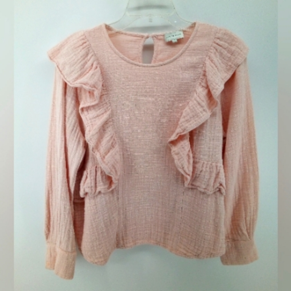Lucky Brand 100% Cotton Ruffle Blush Pink Long Sleeve Keyhole Boho Back Top M